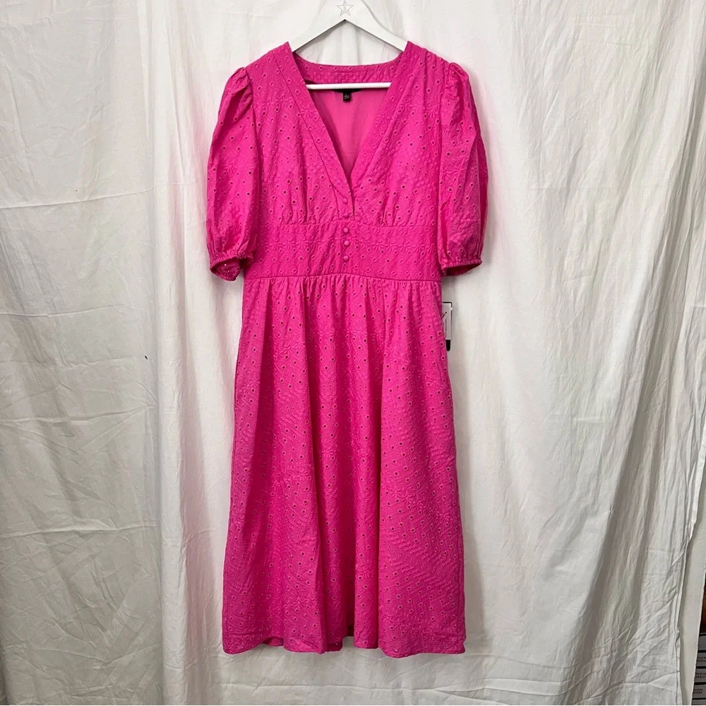 Bohemian Pink Eyelet Midi Summer Party Dress Vacation Resort Cottagecore - Picture 5 of 14